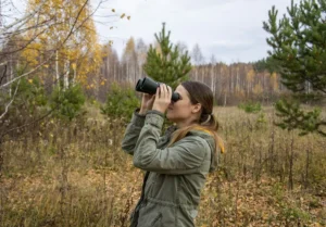 Nuori nainen pitää kiikareita silmiensä edessä ja tarkkailee ympäröivää luontoa syksyisessä metsässä, jossa on keltaisia lehtiä ja puita.